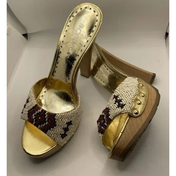 BCBG Beaded Gold Vintage Y2K Woden Platform Heels Size 7 - Picture 5 of 6